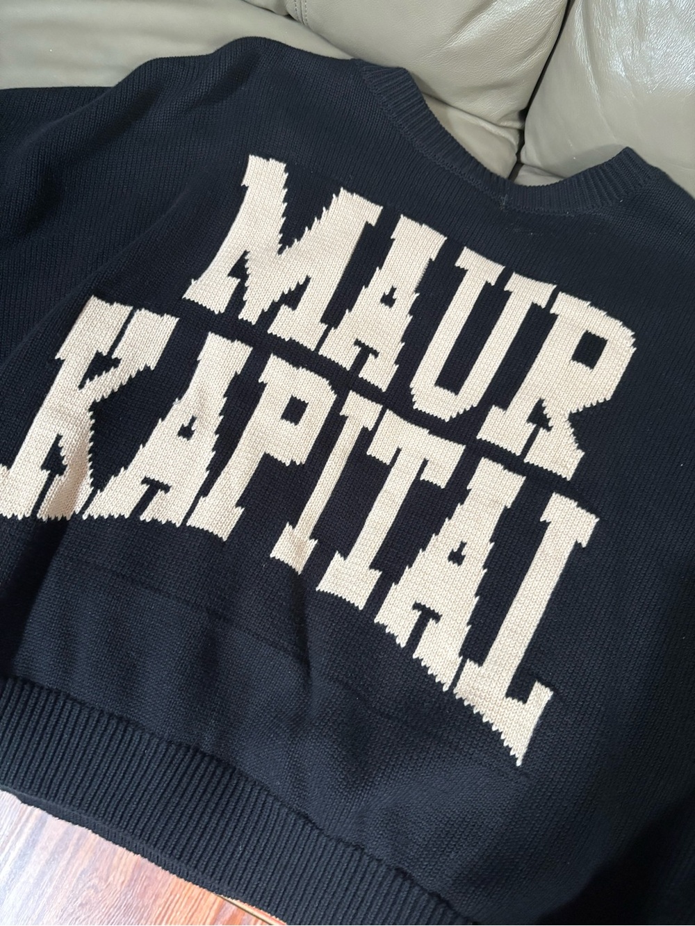 Kapital Navy Crewneck Sweater with Cream Logo